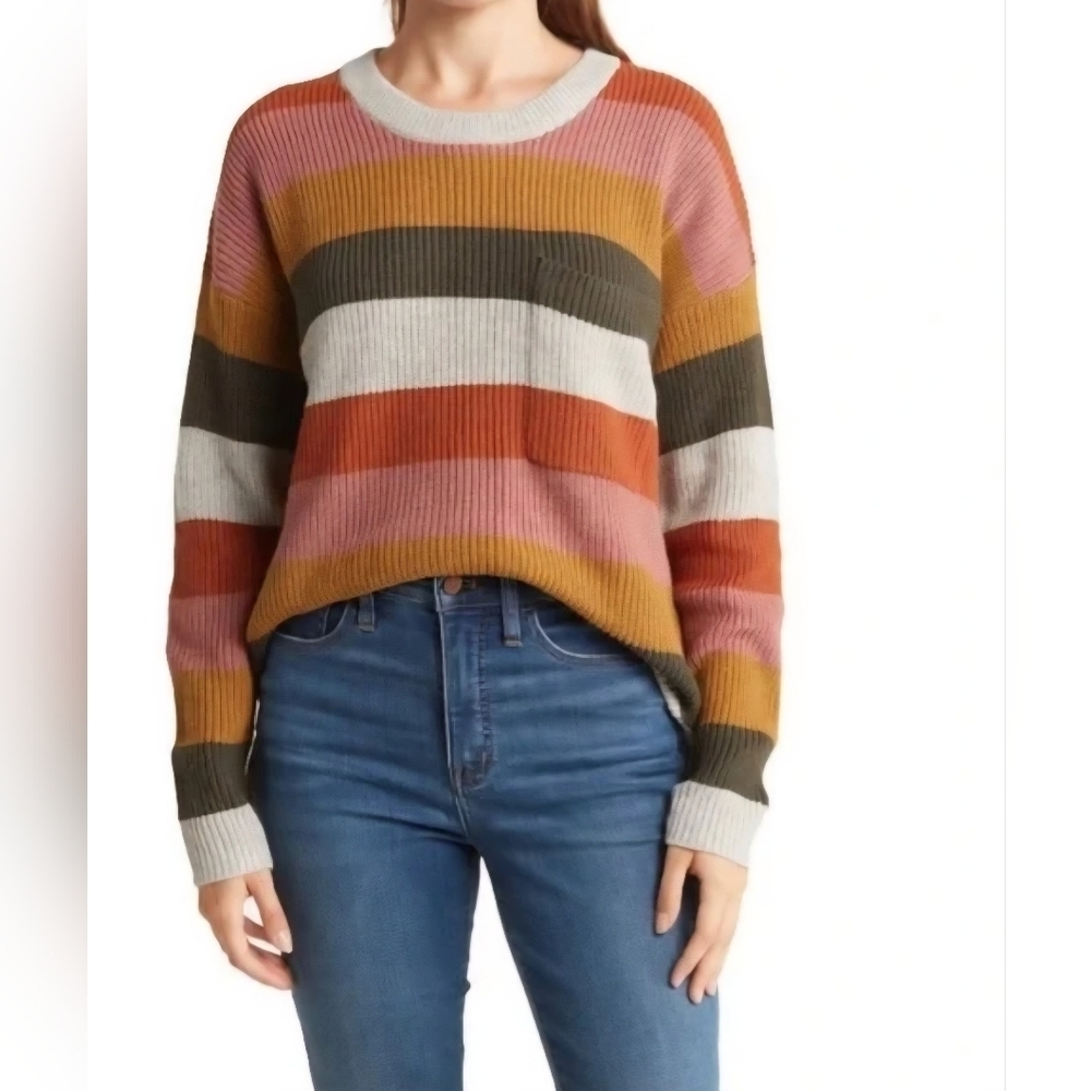 Madewell Thompson Striped Colorblock Crewneck Pocket Sweater Cotton Cozy Medium
